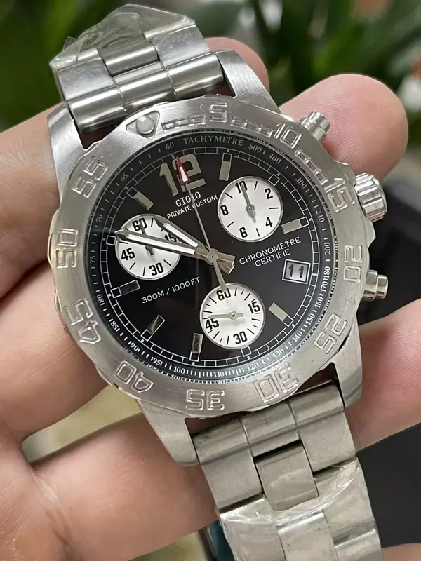 นาฬิกาควอทซ์โครโนกราฟสำหรับผู้ชายสายสแตนเลสนาฬิกาหนังสีดำสีน้ำเงิน