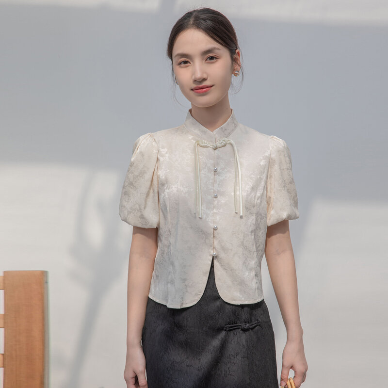 Camisa feminina em gola jacquard cetim, blusa de manga curta de botão, estilo chinês, nova, verão, alta costura, 2024