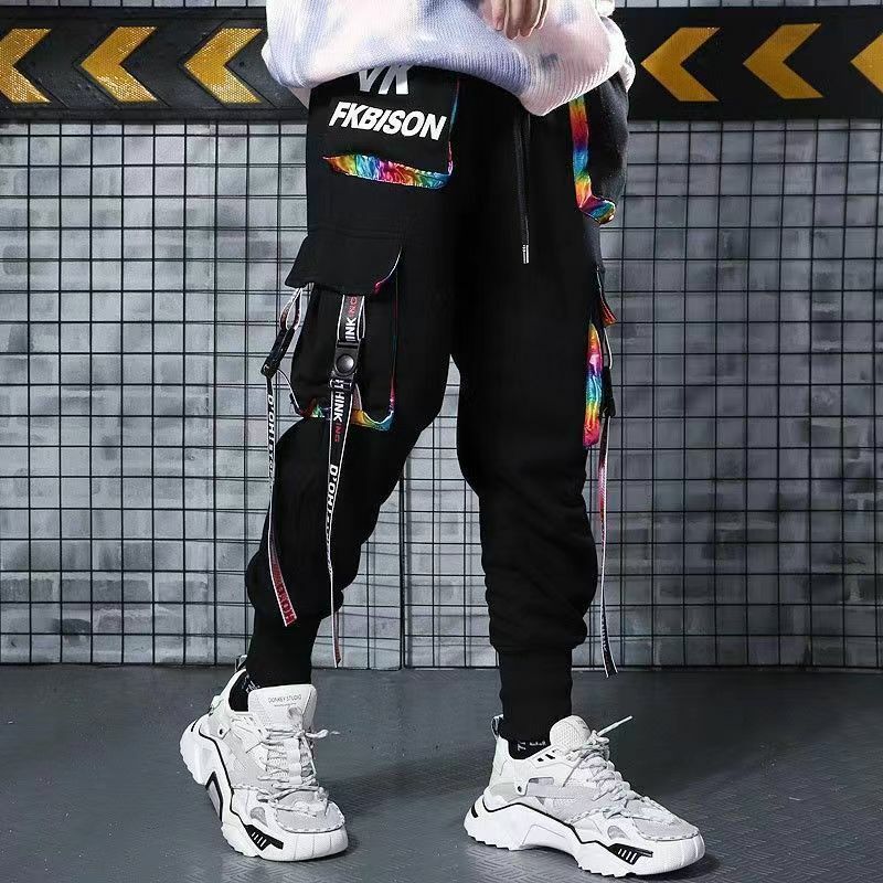 Joggers Hip Hop masculino com fitas de letras, calças cargo, calças táticas, sweatpant masculino casual, faixa de bolsos, streetwear clássico, KZ98