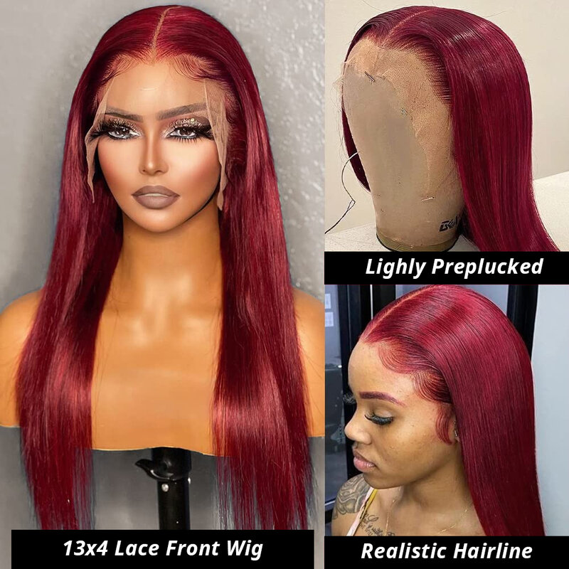 Peluca de cabello humano liso para mujer, Frontal de encaje postizo, color rojo borgoña 99J, 13x6, 30, 32