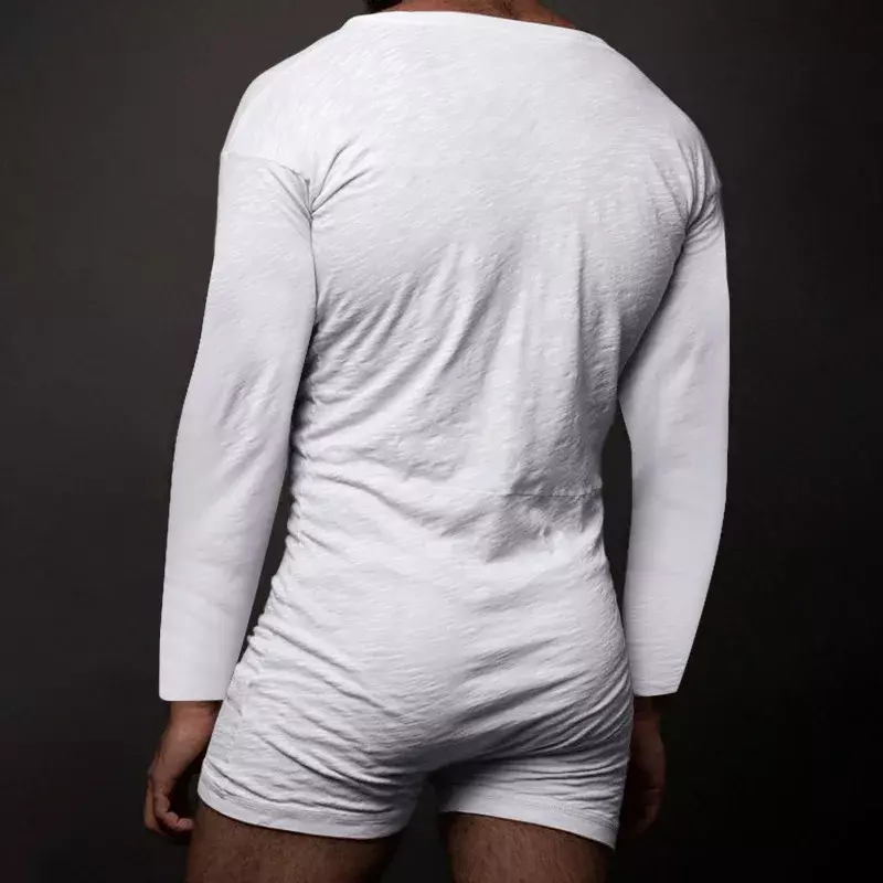Macacão masculino sexy de manga comprida, pijama de uma peça, botões monocromáticos, pijama com o pescoço, camiseta em casa, roupas apertadas para homens, nova cor, 2023