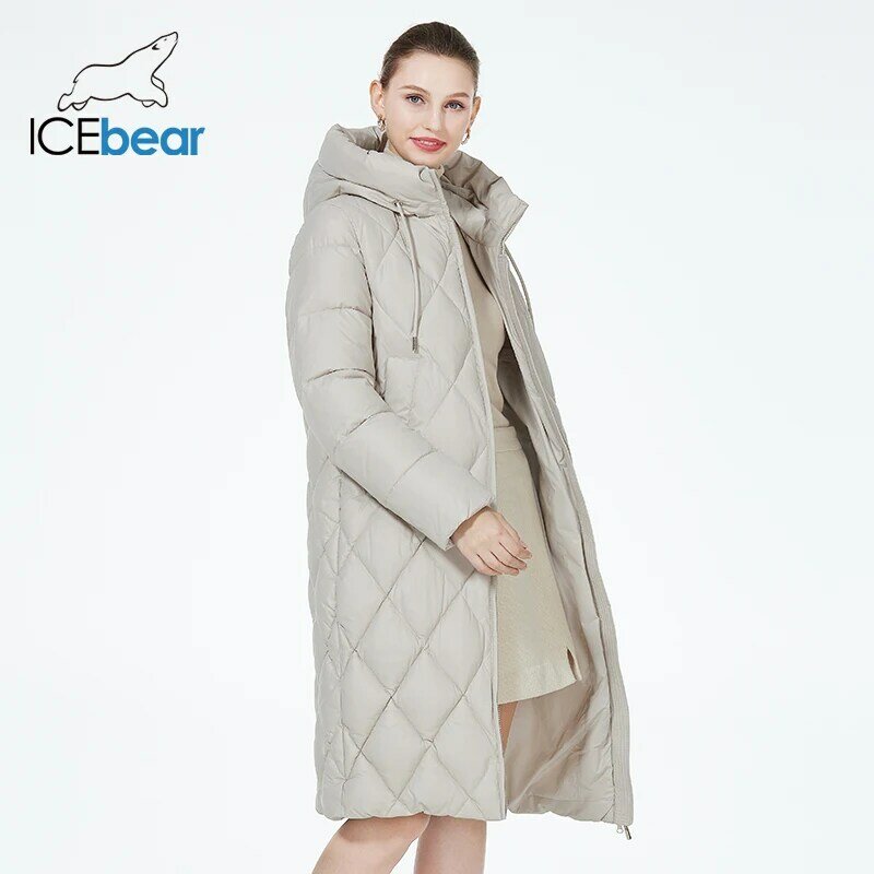 Icebear แจ็คเก็ตบุเพชรสำหรับผู้หญิง2023ฤดูหนาว, เสื้อแจ็คเก็ตผ้าฝ้ายบุนวมยาวสไตล์ GWD22631D อบอุ่น