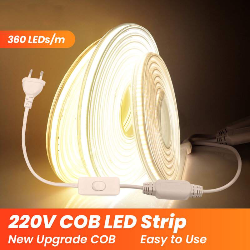 COB LED Strip Light com interruptor Power Plug, Super Bright, Iluminação Linear impermeável, Fita LED flexível, CRI 90, 220V, 360LED por m
