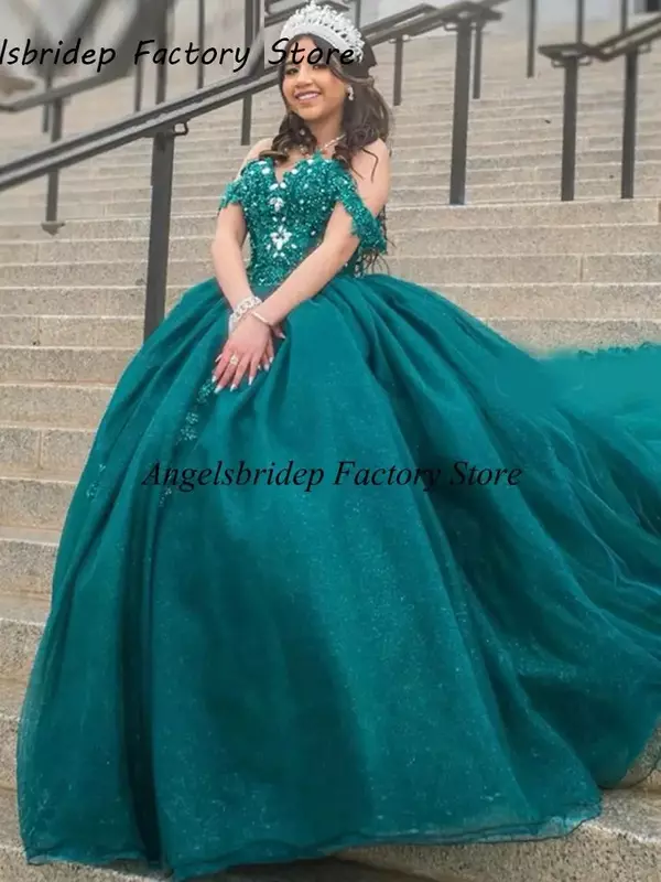 2 STORE Ball Gown Hunter Green Sparkly Beading Appliques Quinceanera Dresses Off The Shoulder Sweet 15 Prom Dress