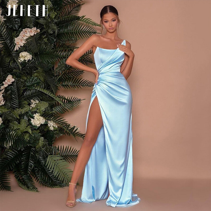 JEHETH простые Небесно-Голубые атласные вечерние платья с одним открытым плечом сексуальные платья с высоким разрезом вырезом лодочкой для выпускного вечера вечерние платья 2022