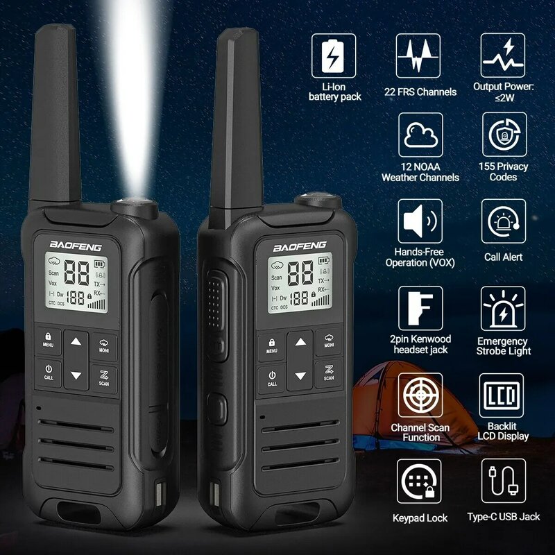 2pcs Baofeng F22 Mini Walkie Talkie PMR FRS Long Range Rechargable Portable Kids Two Way Radio Type-C Charger for Camping Trip
