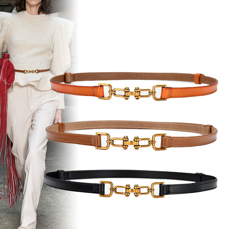 Cinturones coreanos de cuero genuino para mujer, cinturón delgado de charol con hebilla dorada para vestido, cinturón ajustable de lujo para mujer