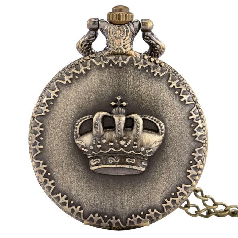 Vintage bronze real em relevo coroa clamshell padrão relógio de bolso de quartzo pingente camisola corrente colar presentes para homens