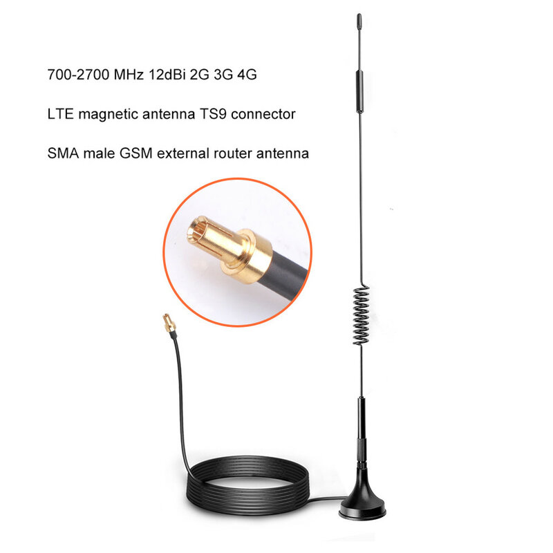 Antenne à Gain ÉWer12dBi 2G 3G 4G TS9 CRC9 SMA Connecteur Mâle 700-2700MHz, Amplificateur de Signal Magnétique pour Routeur Externe