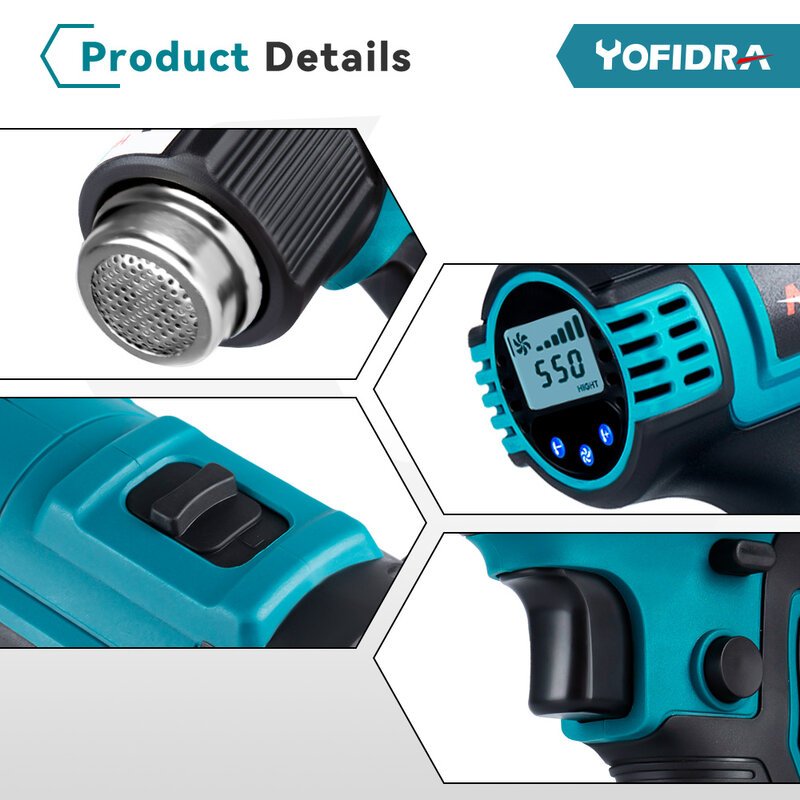 Yofidra-Pistolet à air chaud sans fil avec affichage de la température LED, odorthermique industriel domestique, vitesse du vent, 6 vitesses, batterie Makita 18V, 50-550 ℃