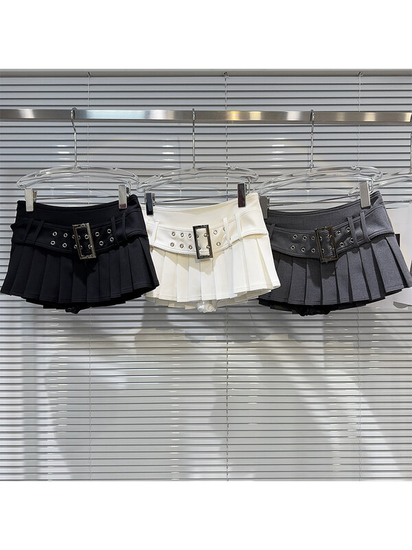 女性用プレッピーミニプリーツスカート、ベルト付き、y2kストリートウェア、原宿日本製ファッション、スクールガール、サマー、y2k、2000s