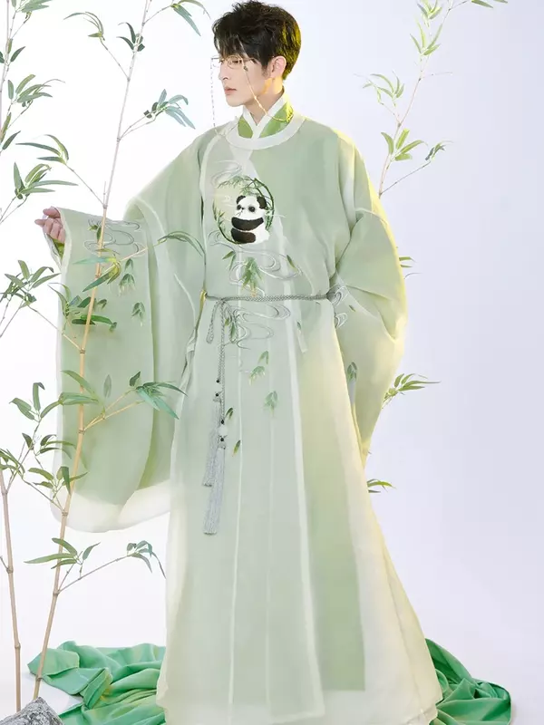 Ming Panda bordado de bambú para hombre, cuello redondo, estilo tradicional chino, Guerrero, Hanfu verde, Jacquard, Top de hilo oscuro, disfraz