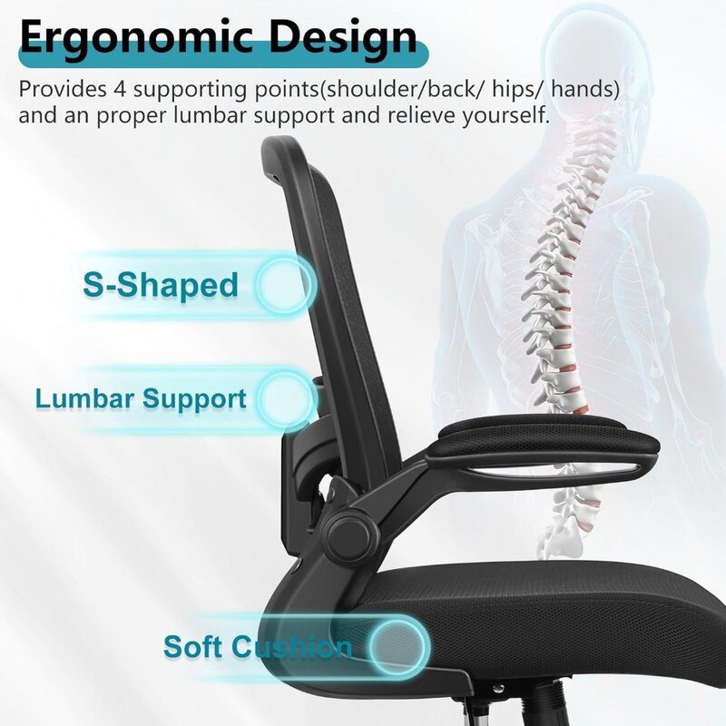 Cadeira ergonômica de escritório de malha respirável, cadeira de mesa com encosto alto ajustável, apoio lombar, braços flip-up