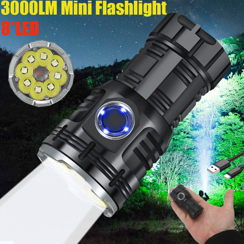 Poderosa Mini Lanterna LED com Clip, Multi-Funcional, USB tocha recarregável, ímã para pesca ao ar livre, Camping Lanterna, 3000LM
