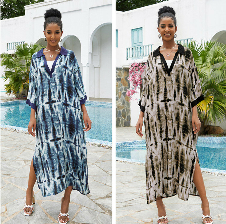 Neue Tie-Dye Plus Size Kaftan Bikini Vertuschungen lässig V-Ausschnitt Maxi kleid Frauen Sommer Strand tragen Badeanzug vertuschen