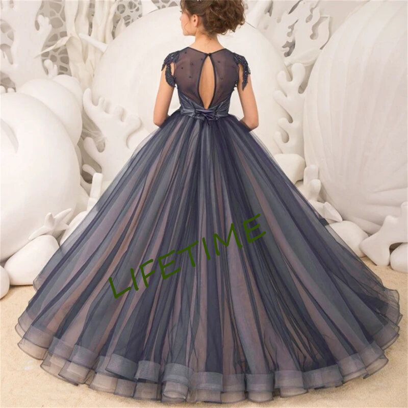 Elegant Black Flower Girl Dresses Puffy Lace Ball Gown Tulle Sleeveless For Weddings First Holy Communion Pageant Dresses