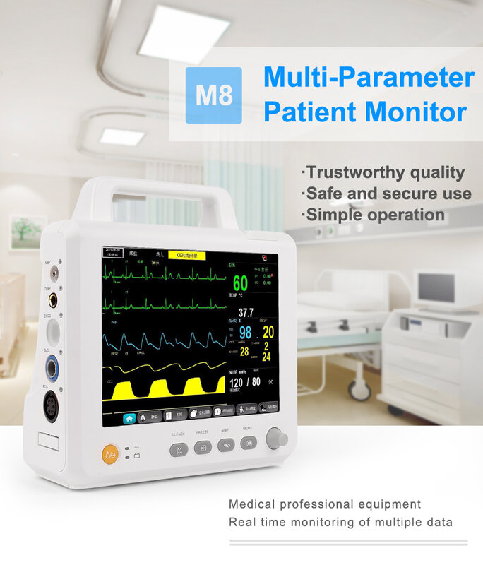 Monitor paciente modular do CCU da ICU, Multiparameter, NIBP,Spo2, PR,ECG,RESP,TEMP, 8"