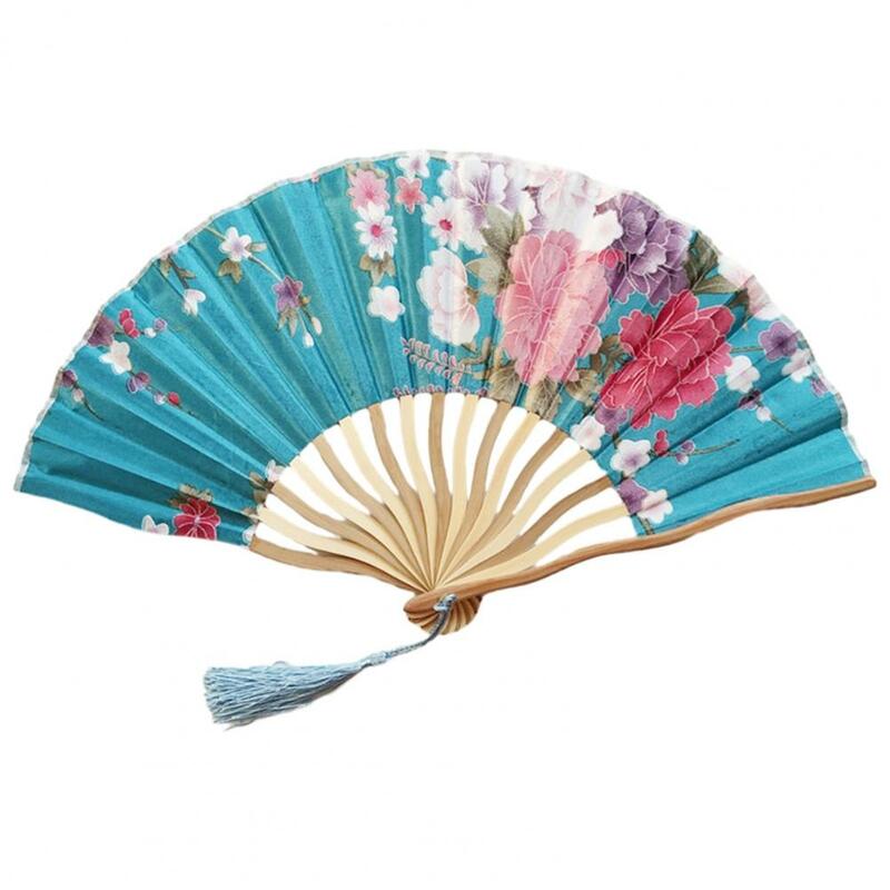 Abanico de mano de estilo japonés, accesorio plegable con borlas, estampado de flores, Estilo Vintage, ideal para fiesta de baile