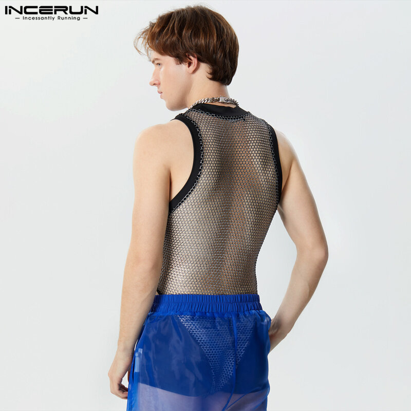 INCERUN 2023 Sexy Mens Loungewear tute elegante maglia scintillante mezzo collo alto pagliaccetti senza maniche triangolo body S-5XL