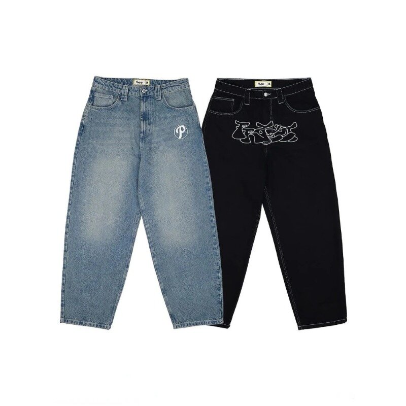 Американские мужские джинсы в стиле ретро с карманами с буквенным принтом, свободные потертые брюки, модные повседневные джинсы черного и синего цвета, популярный стиль