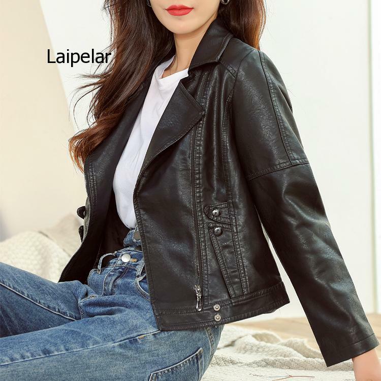 Куртка женская из искусственной кожи, свободная короткая мотокуртка из искусственной кожи с длинным рукавом, уличная одежда в Корейском стиле, большие размеры, верхняя одежда на осень