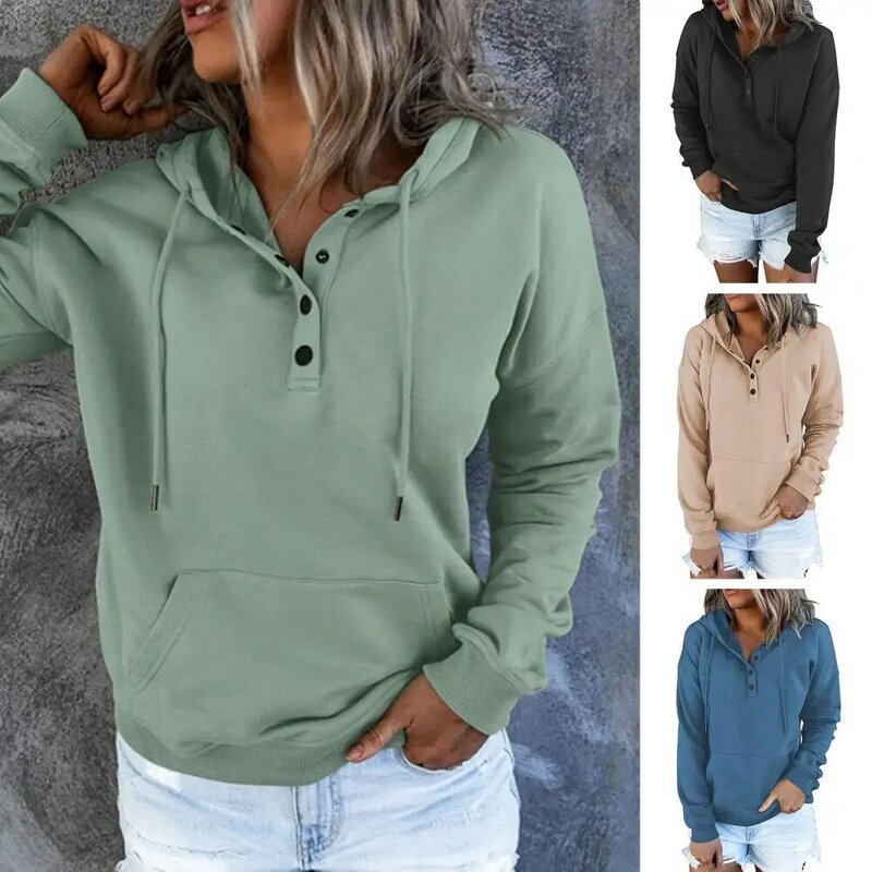 Women Solid Color Hoodie Warm Pullover Lady Hoodie Cozy Women's Fall/winter Hoodie Stylish Loose Pullover with Big Pocket Button