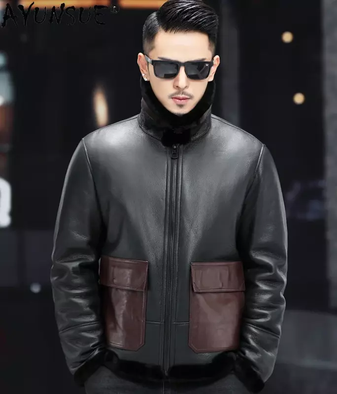 Ayunsue natural pele de carneiro jaqueta de couro dos homens outono inverno 2021 curto lã forro jaquetas masculino casaco de pele gxy846