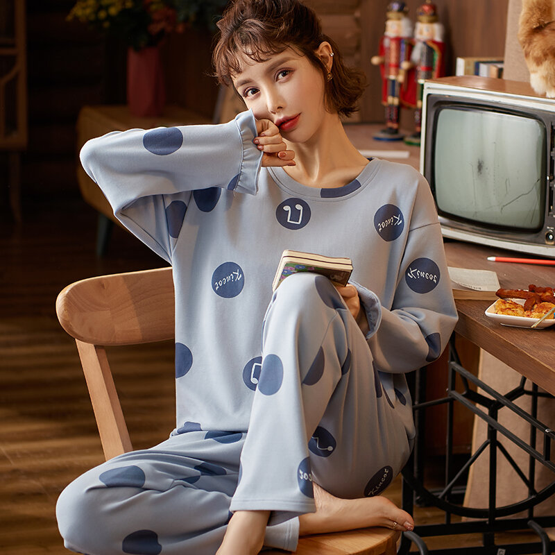 Conjunto de pijama de algodón con dibujos animados para mujer, ropa de dormir con Top de manga larga y lunares, tallas M, L, XL, XXL y XXXL, para otoño