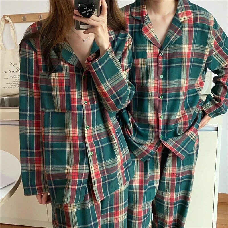 2024 neue baumwoll grüne karierte Nachtwäsche für Frauen Pyjama Langarmhose 2 Stück Paar Pyjama Set lose Nachtwäsche Home Anzug