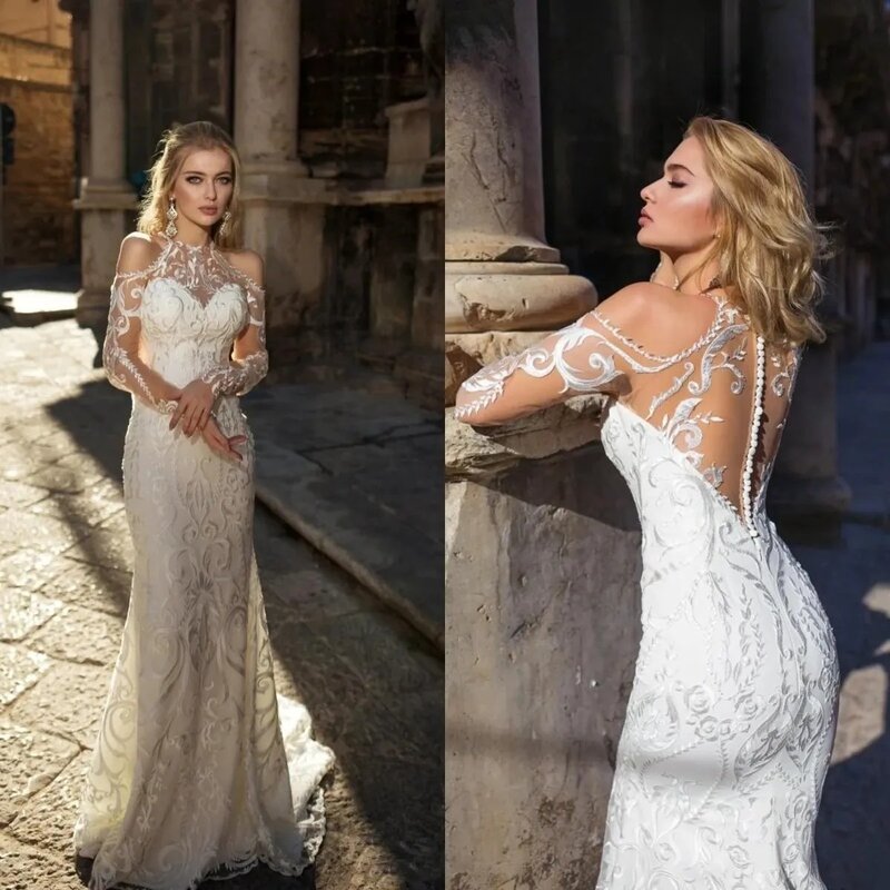 Gorgeous Mermaid Wedding Dresses Sheer Neck Illusion Long Sleeves Lace Embroidery Appliques Bridal Gowns Robe de mariée