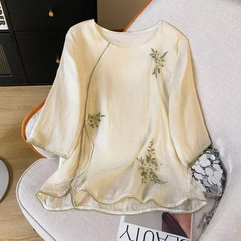 Cotton Linen Chinese Style Women's Shirt Summer Embroidery Vintage Blouses Loose Women Top O-neck Clothing