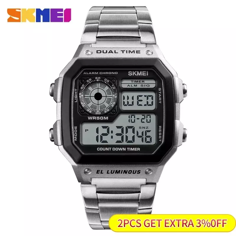 SKMEI 1335 스테인리스 스틸 스트랩 디지털 시계, 남성용 스포츠 시계, 5Bar 방수 시계