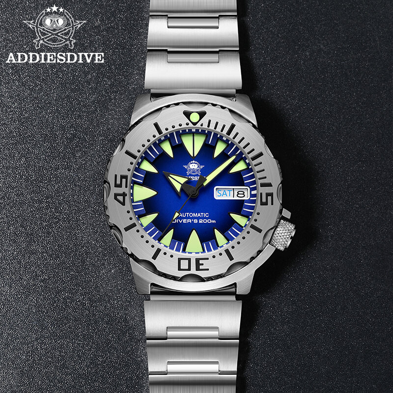 Addiesdive Ad2103 Mannen Monster Horloge Lichtgevende Saffier Glas Blauwe Wijzerplaat Nh36 Diver 316l Rvs Mechanische Horloges