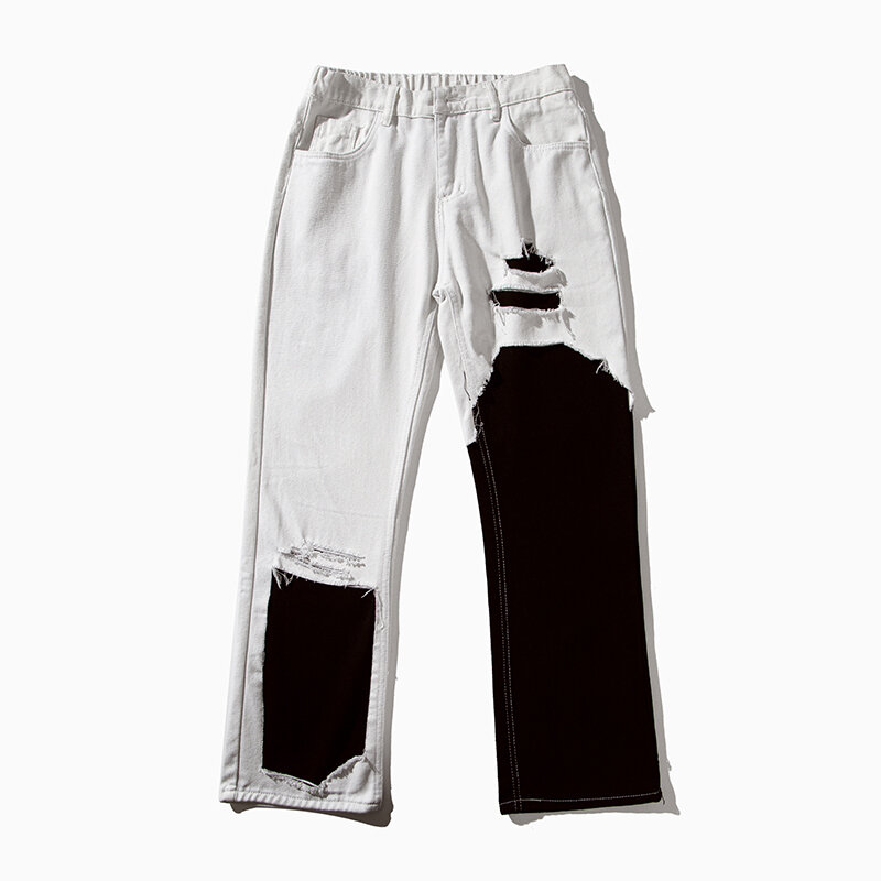 Fewq กางเกงยีนส์ผู้ชายขาตรงสไตล์อเมริกัน, กางเกงยีนส์ลำลองขากว้างเย็บปะกางเกงผู้ชาย24X9005สีตัดกัน