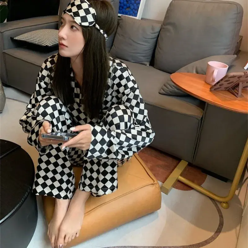 Женская пижама Корейская версия пижамы шахматный дизайн весна-осень Новая Домашняя одежда большого размера костюм из двух частей