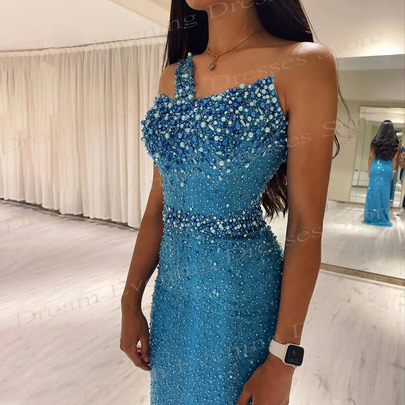 Luksusowe dubajskie arabskie niebieskie syreny wykwintne suknie wieczorowe z koralikami błyszczące suknie na bal maturalny nowoczesne jedno ramię Vestidos De Fiesta