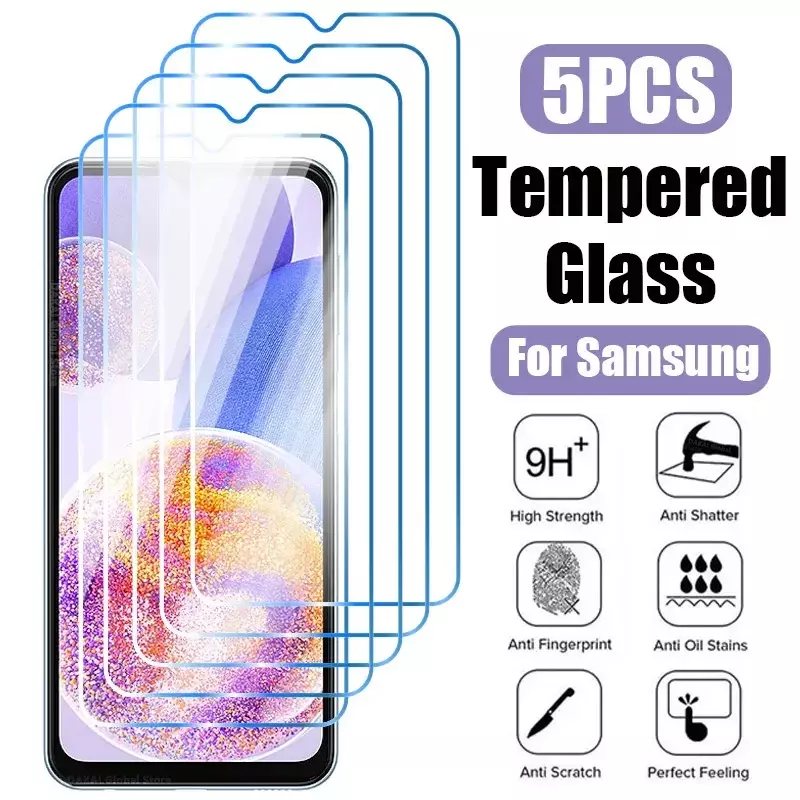 Vidro temperado para Samsung Galaxy, protetor de tela, A54, A14, A53, A13, A33, A24, A52S, 5G, A22, A03, A04, A8, A7, 2018, 5pcs