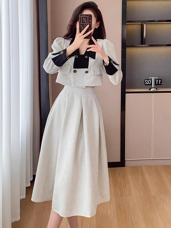 ชุดเสื้อแจ็กเก็ตสั้นแขนยาวของผู้หญิง + กระโปรงมิดิเอวสูงใส่ได้ MODE Korea
