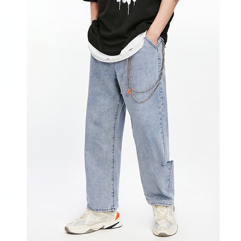 Męskie jeansy Streetwear moda studencka młodzież koreański luźny Trend dziura proste dżinsy z szerokimi nogawkami męskie workowate dżinsy