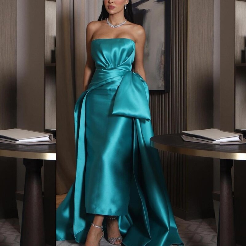 Satin Pleat Ruched Engagement A-line Strapless Bespoke Occasion Gown Long Dresses