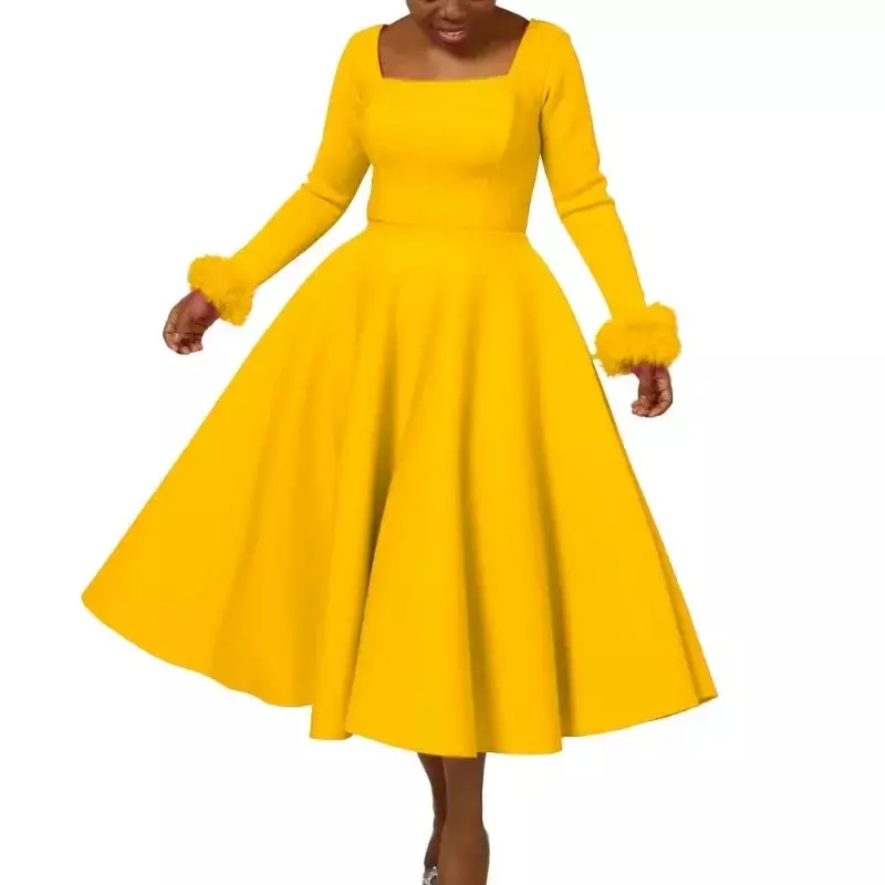 Vestido africano monocromático linha A para mulheres, elegante com pescoço quadrado, manga longa, cintura alta, moda outono