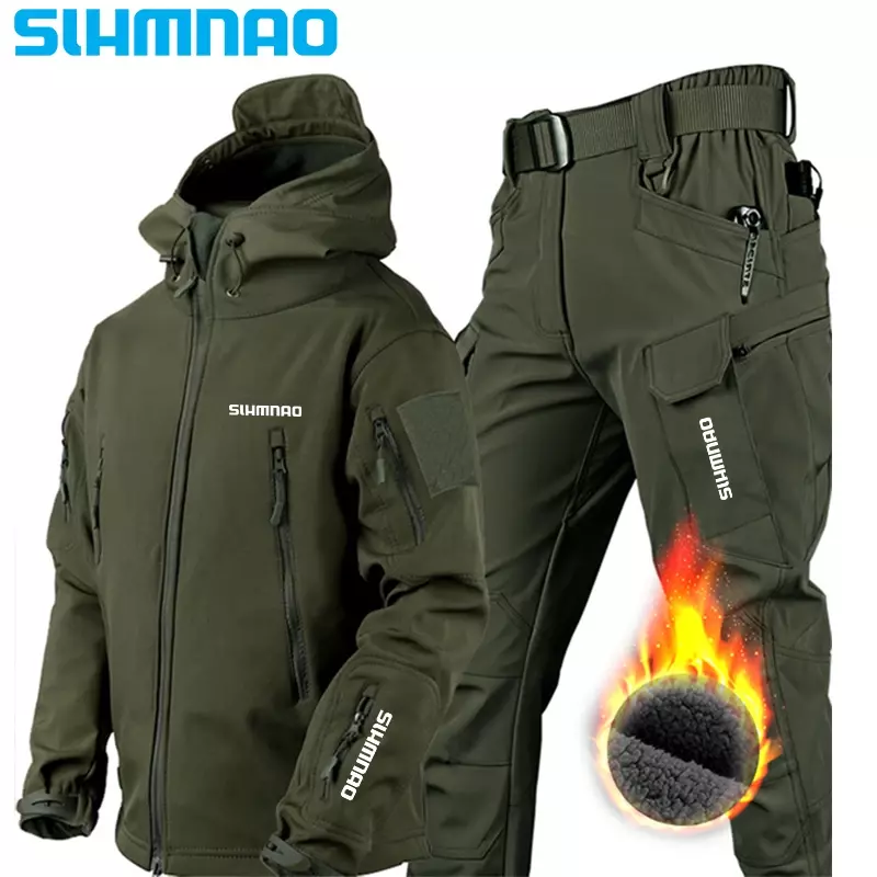 Conjunto de traje de pesca de concha suave para hombre, piel de tiburón para exteriores, chaqueta táctica de fuerzas especiales, chaqueta de ciclismo impermeable y cálida, 2024