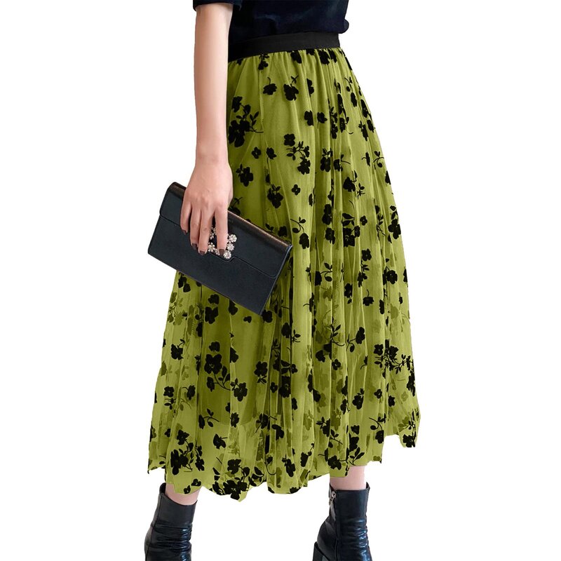 Женская длинная сетчатая юбка, плиссированная юбка с цветочным принтом, с высокой талией, весна-осень 2023