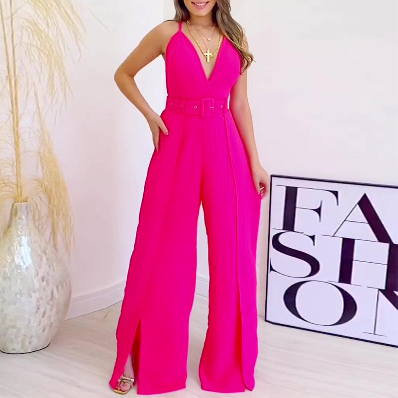 Summer Suspenders Female Jumpsuit Sexy V Neck Sleeveless Split Wide Leg Trousers Overalls for Women Fashion High Waist Jumpsuits