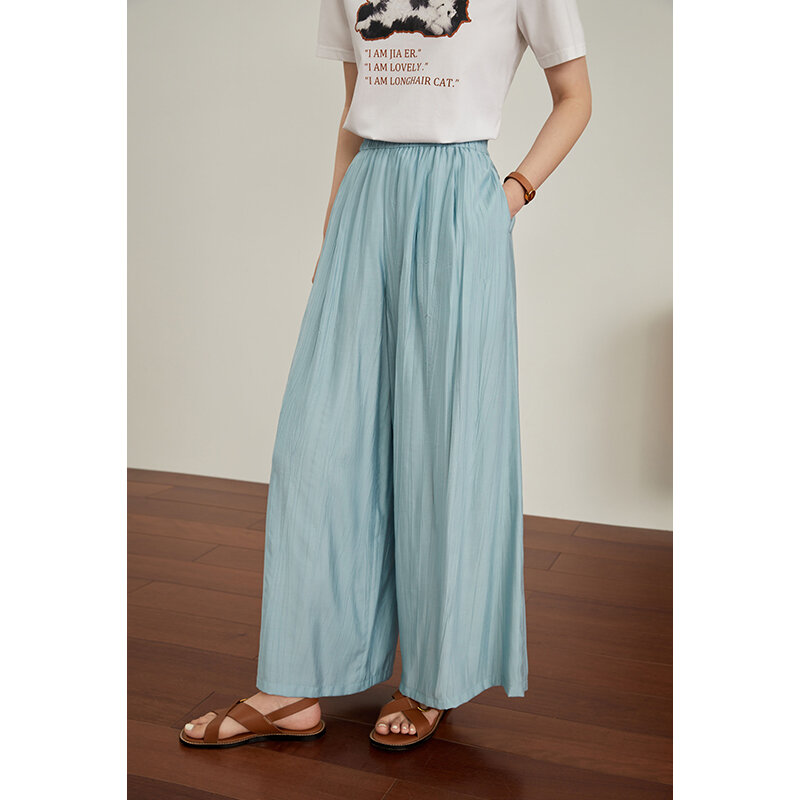 DUSHU【-Pantalones finos de verano para mujer, pantalón largo drapeado, negro, de longitud completa, cintura elástica, 3 colores