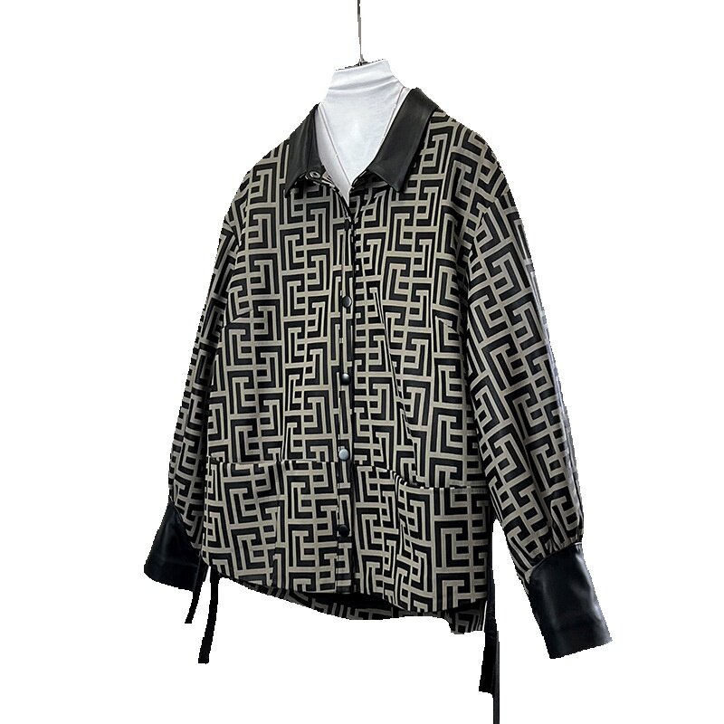 Jaqueta de couro genuíno para mulheres, jaqueta de pele de carneiro, jaqueta simples, estampa solta, nova