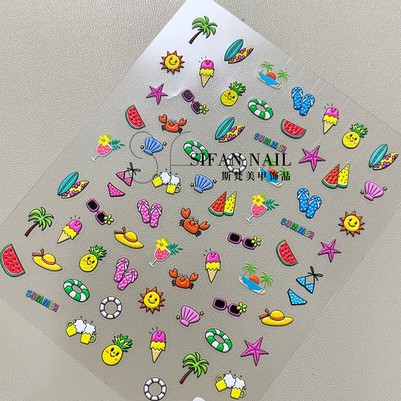 Pegatinas de Arte de uñas Kawaii Hello Kitty, accesorios de manicura autoadhesivos de dibujos animados de corteza negra hawaiana, surfear, imagen de árbol de coco
