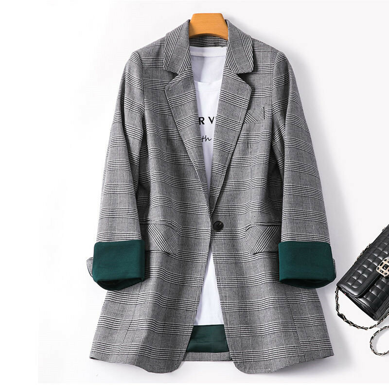 Blazer xadrez de manga longa feminino, casacos casuais, terno de escritório solto, jaqueta vintage, casacos femininos, alta qualidade