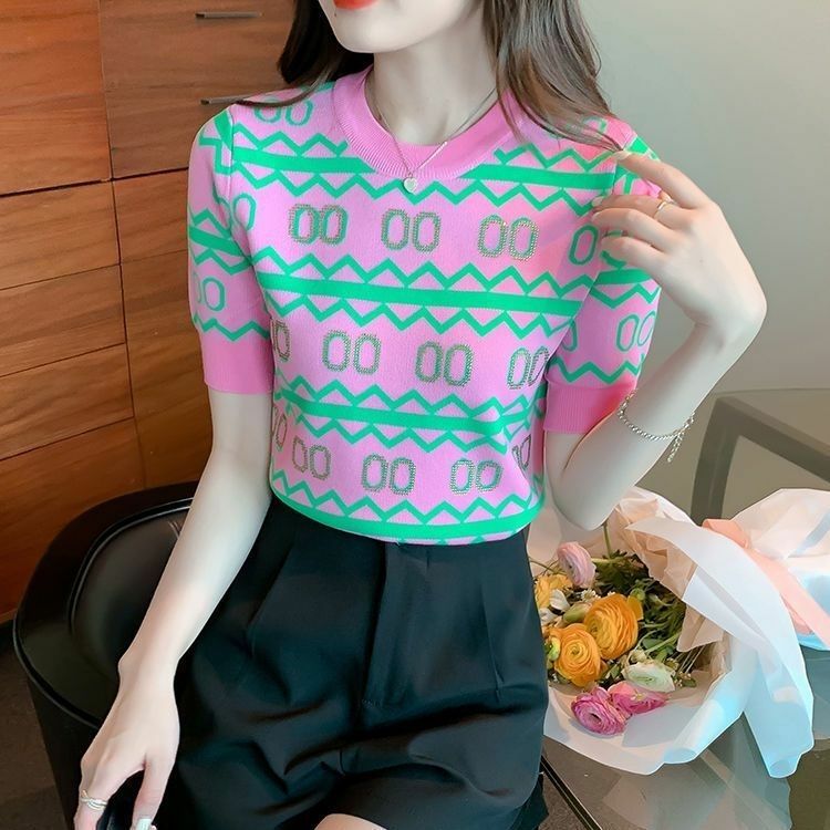 Summer New Short-sleeved Knitted Top Clothes Women's Ice Silk Thin T-Shirt Internet Celebrant Design Heart Machine Base Shirt
