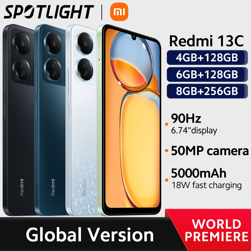 هاتف ذكي Xiaomi-Redmi 13C ، MIUI 14 ، MTK Helio G85 Octacore ، كاميرا 50 ميجابكسل ، 50 ميجابكسل ، 90 هرتز ، شاشة عرض ، إصدار عالمي ، العرض الأول العالمي